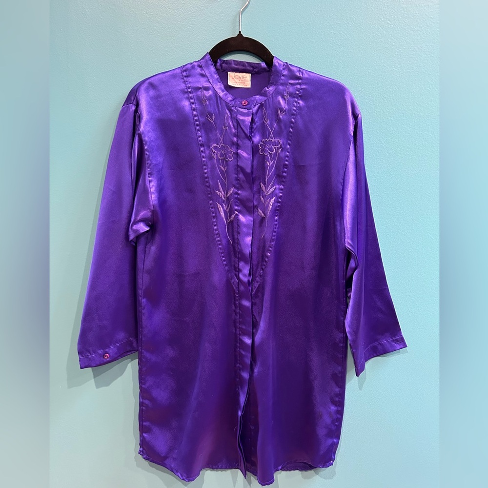 Vintage AYR Royal Blue Satin Kimono Style Top with Floral Details